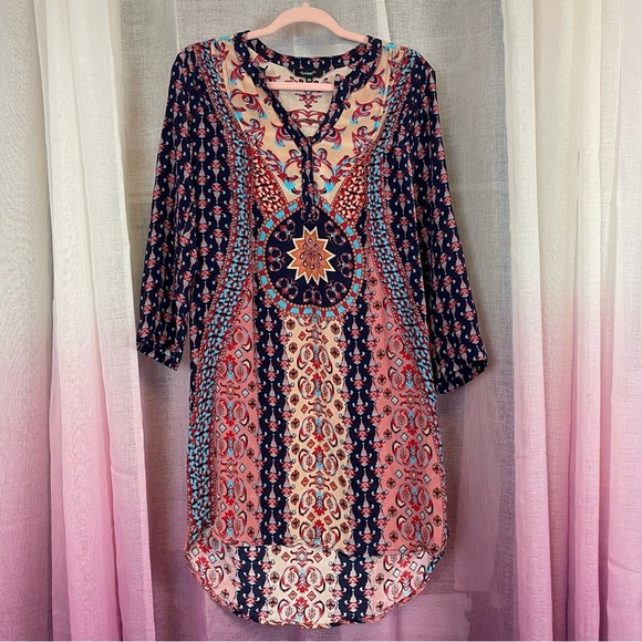 Tolani Abstract Multicolor 3/4 Sleeve Long Silk V Neck High Low Tunic Dress XS - Picture 2 of 7